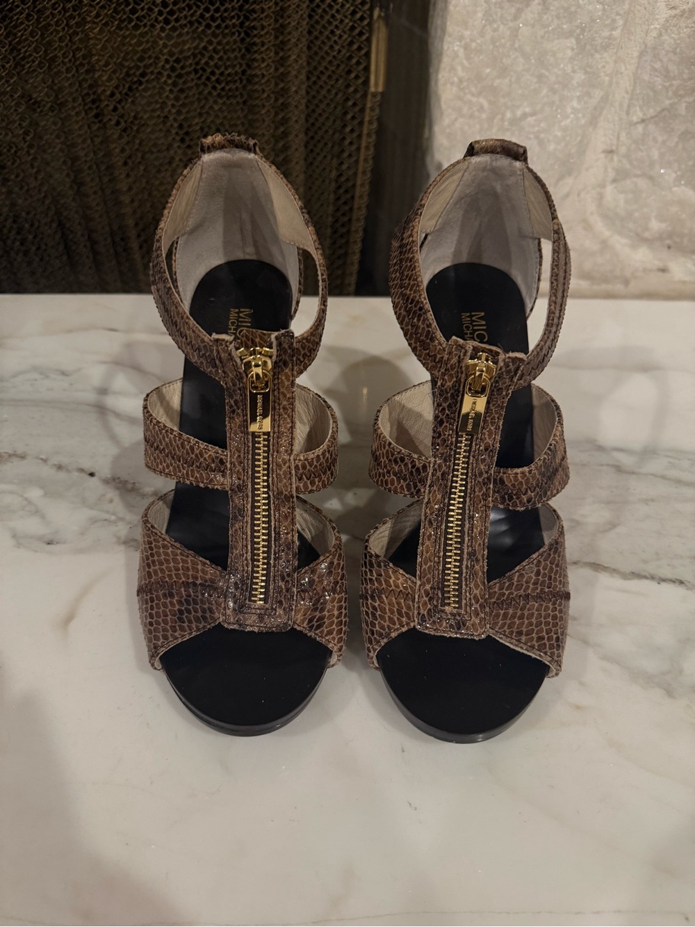 Michael Kors Brown Snake-Print Zip Front Heels